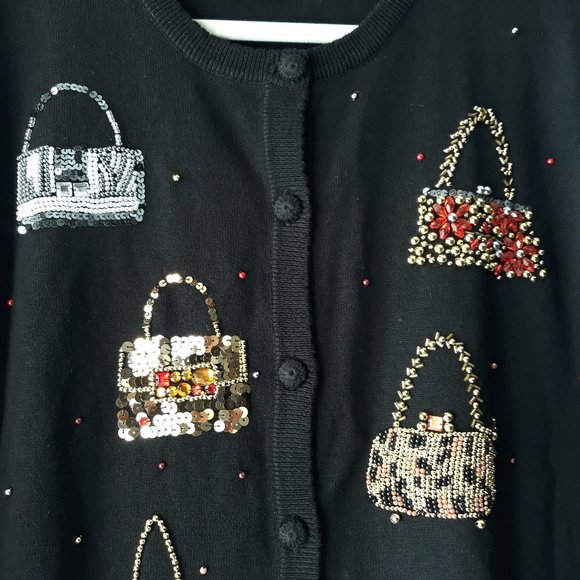 Quaker Factory Black Embellished Bags Cardigan XL - Picture 2 of 6